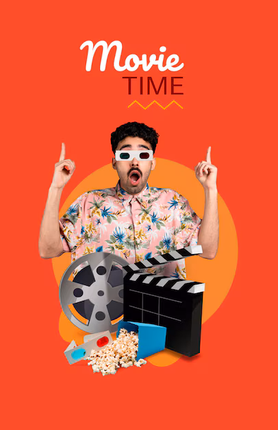 collage about movie time with man and film roll